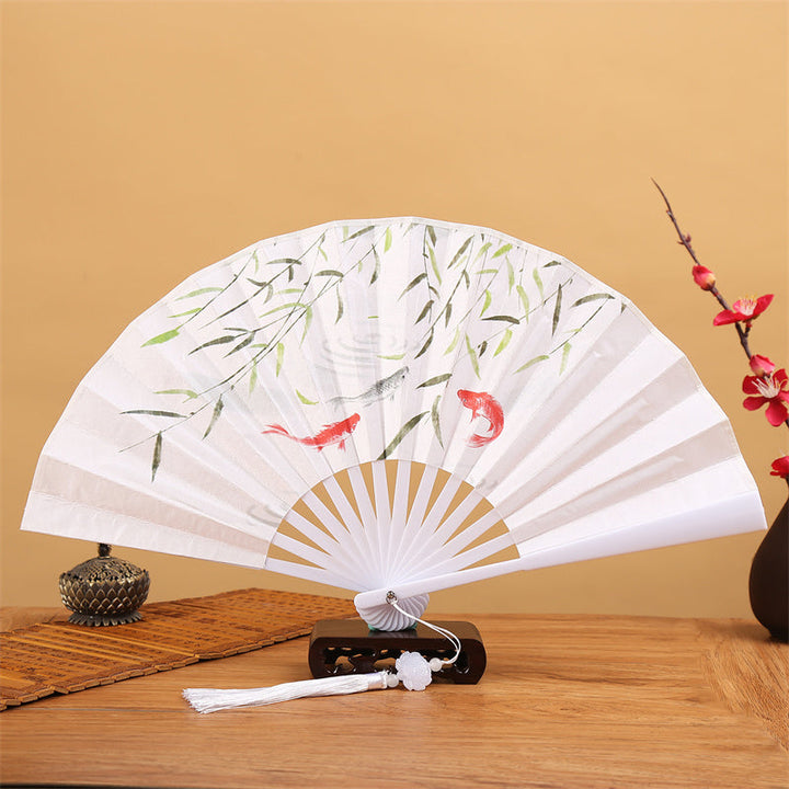 Japanischer Faltfächer Drache Phönix Lotus Weißer Koi mit Weidenblättern