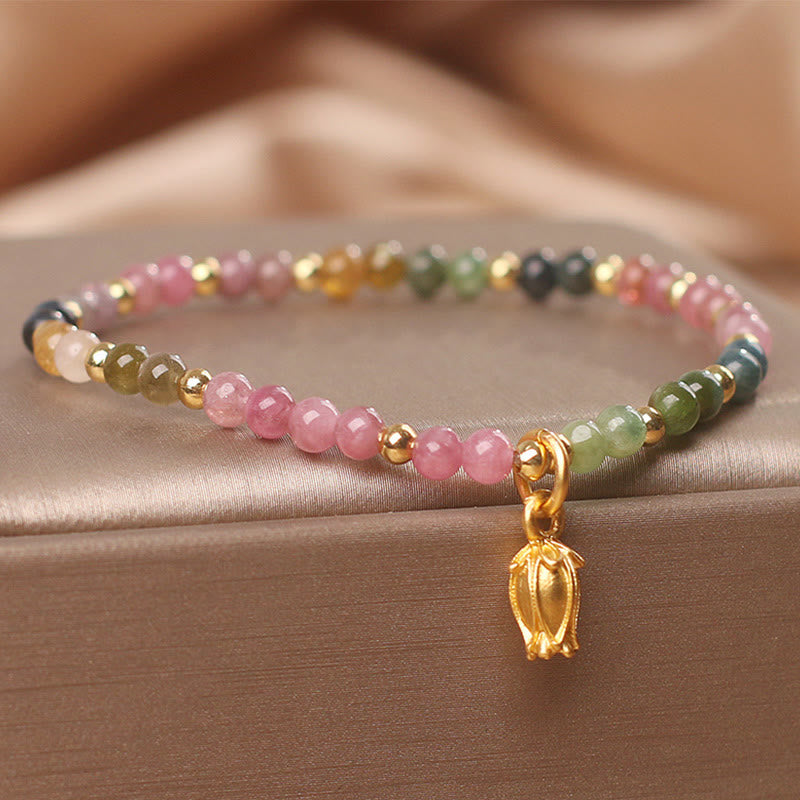 Buntes Turmalin Armband mit Blumenanhänger elastisch tragbar