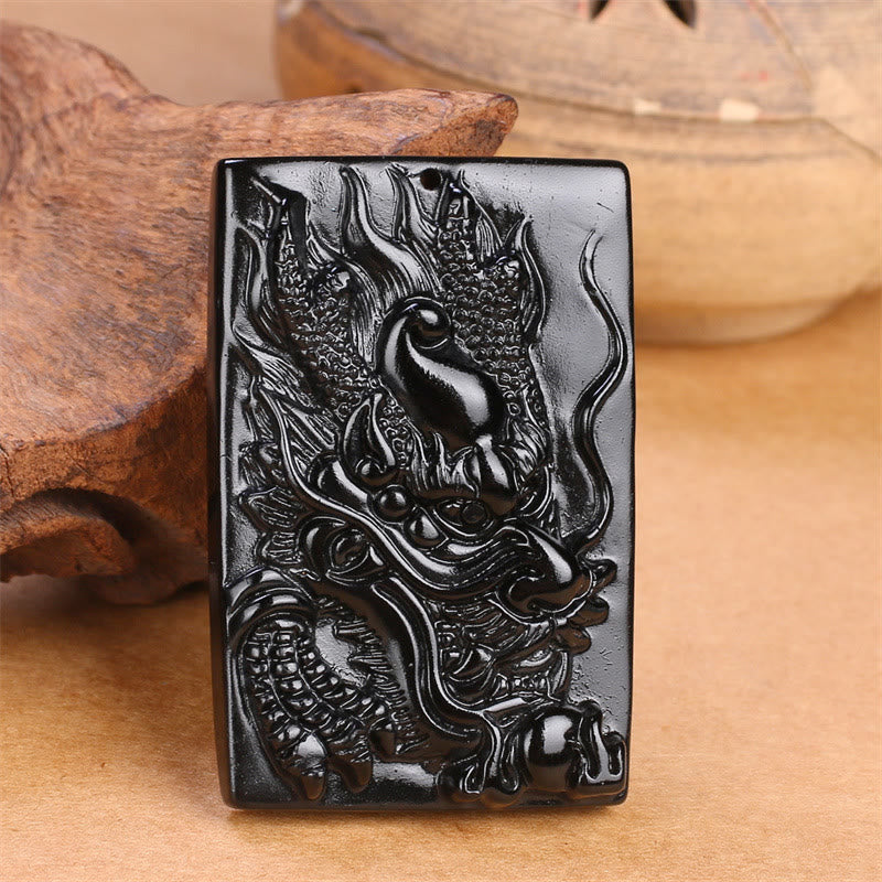 Kette Schwarzer Obsidian Drachen Holz Glück
