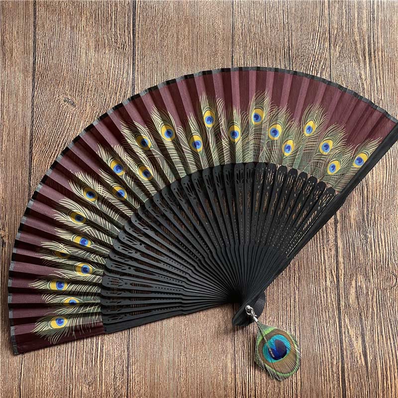 Fächer Japanisch Pfauenfeder Bambus Kaffeebraun