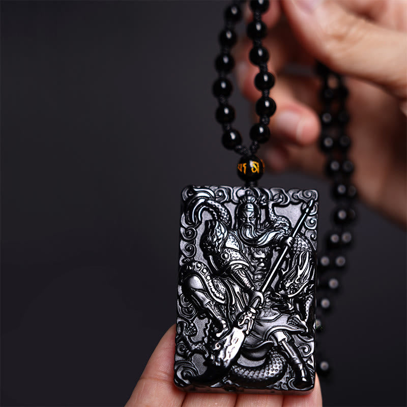 Schwarzer Obsidian Kette Guan Gong Pendant Graviert