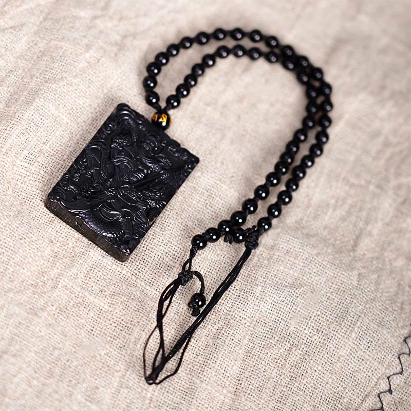 Obsidian Kette Guan Gong Graviert Schutz