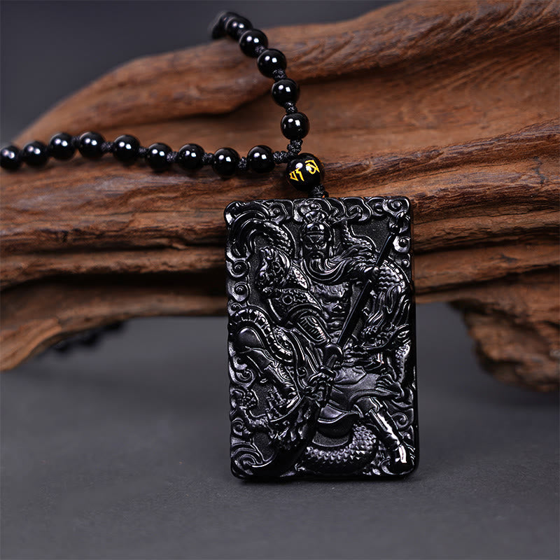 Kette Schwarzer Obsidian Guan Gong Graviert Schutz