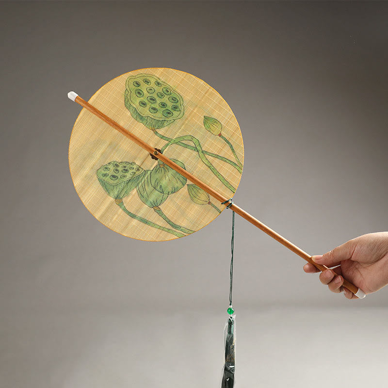 Bambus Handfächer Koi Lotus Kaki Vögel Lotus-Samenkapsel