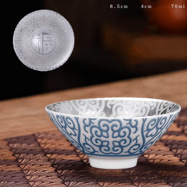 Teetasse Chinesisch Tibet Fu Zeichen Keramik Blaues Muster