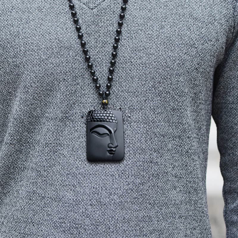 Anhänger Kette Schwarzer Obsidian Buddha Schutz
