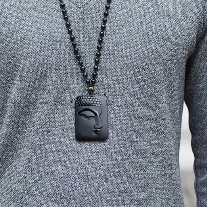 Anhänger Kette Schwarzer Obsidian Buddha Schutz