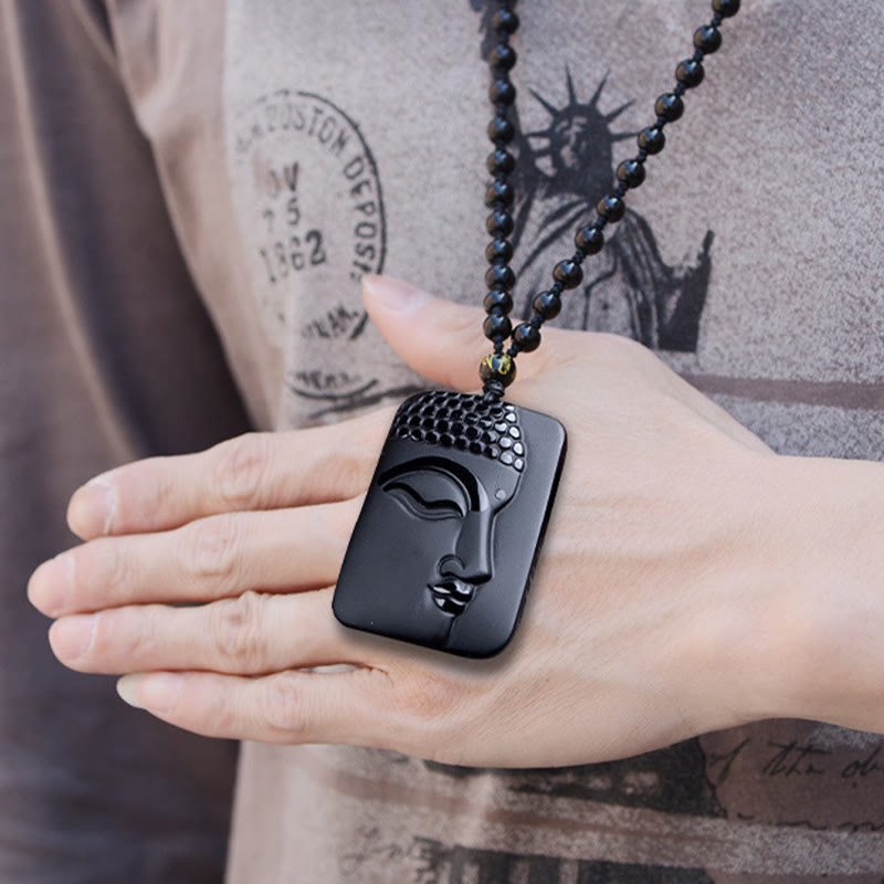 Anhänger Kette Schwarzer Obsidian Buddha Energie