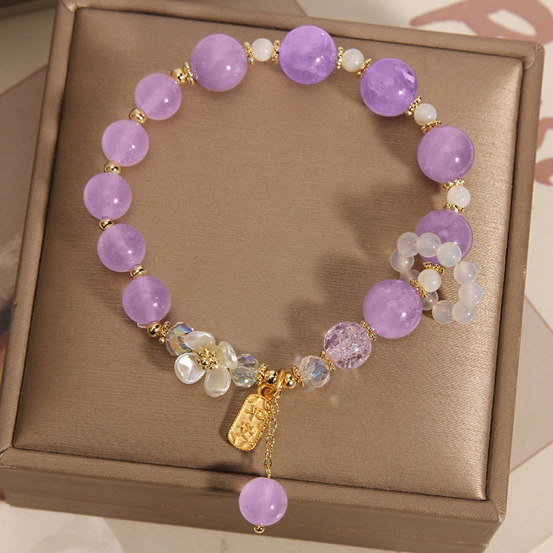 Armband Amethyst Kristall lila Perlen gold Verschluss elastisch Handgelenk.