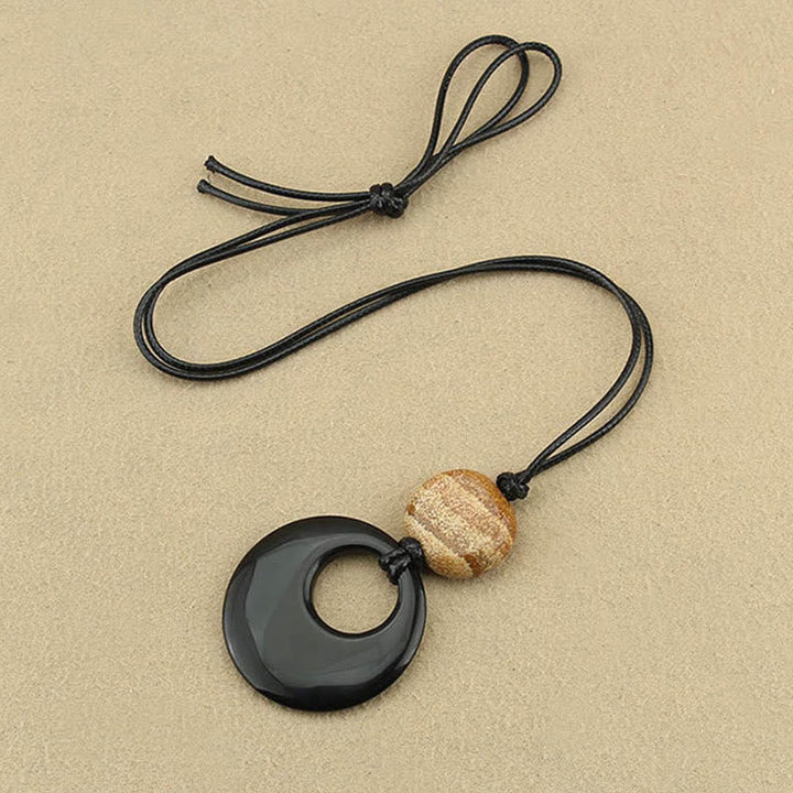 Kette Schwarzer Obsidian Holz Kupfer Schutz