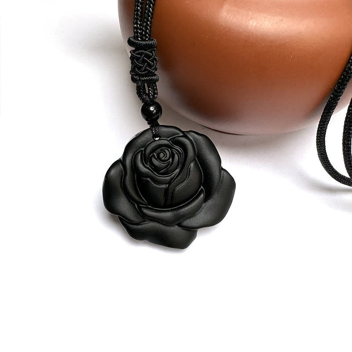 Obsidian Schwarz Rose Kette Holz