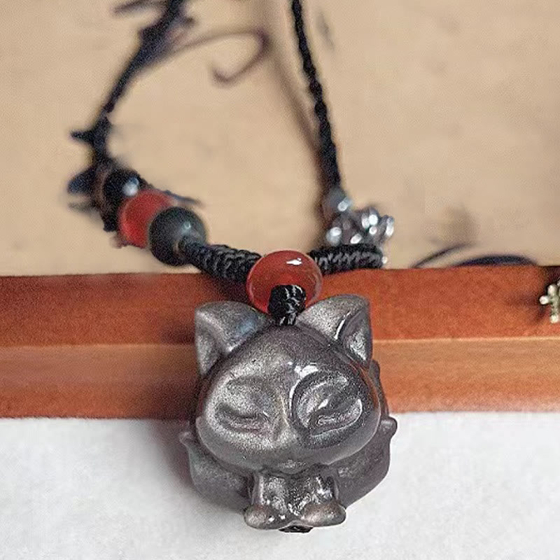 Kette Glückskatze Obsidian Schutz Glück Natur