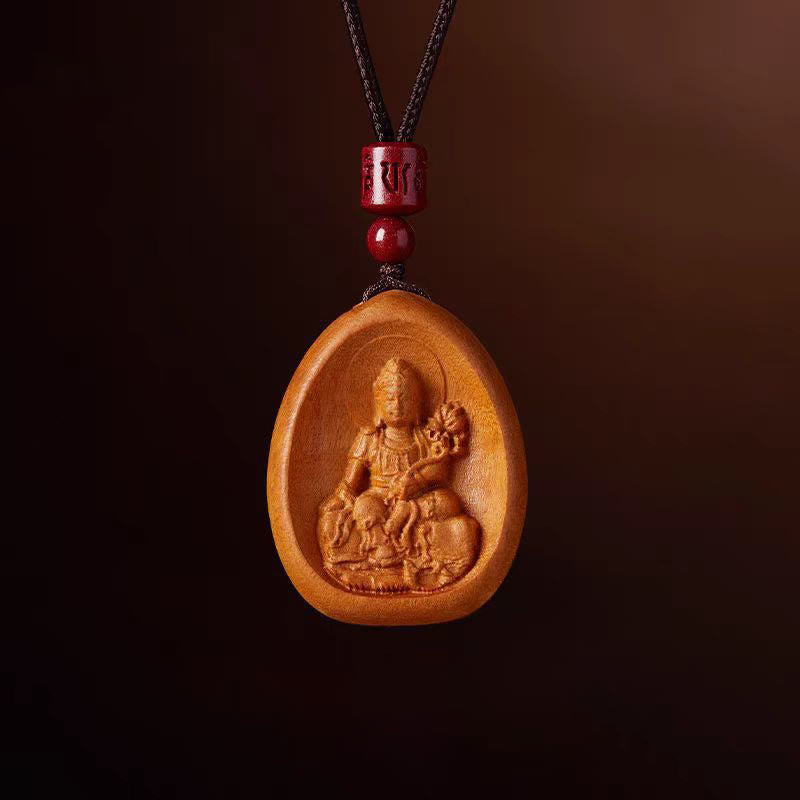 Kette Pfirsichholz mit geschnitztem Buddha Anhänger rote Perlen