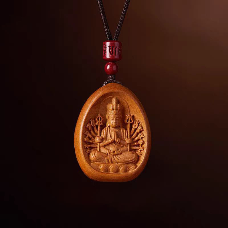 Geschnitzte Buddha Kette Pfirsichholz mit roten Perlen Anhänger