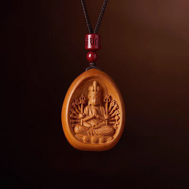 Geschnitzte Buddha Kette Pfirsichholz mit roten Perlen Anhänger