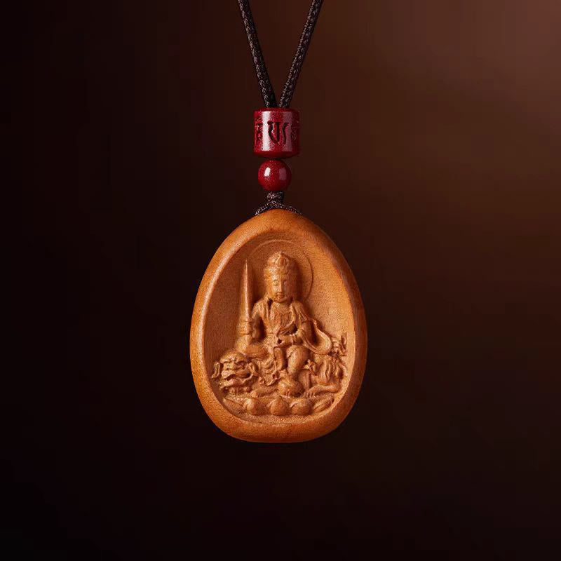 Pfirsichholz Kette mit geschnitztem Buddha-Anhänger und roten Perlen