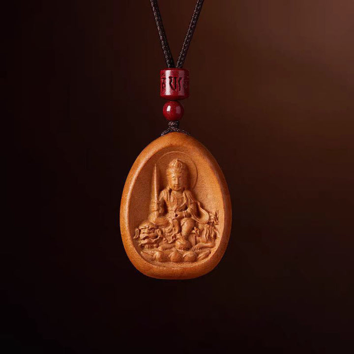 Pfirsichholz Kette mit geschnitztem Buddha-Anhänger und roten Perlen