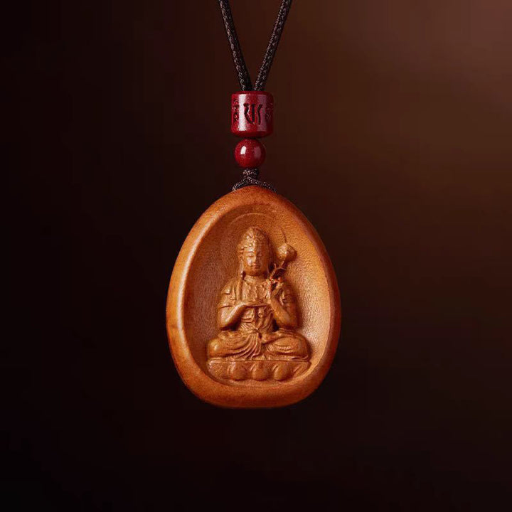Pfirsichholz Kette mit geschnitztem Buddha Anhänger rote Perlen
