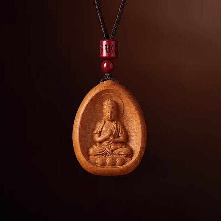 Pfirsichholz Kette mit Buddha Anhänger rote Perlen Naturholz