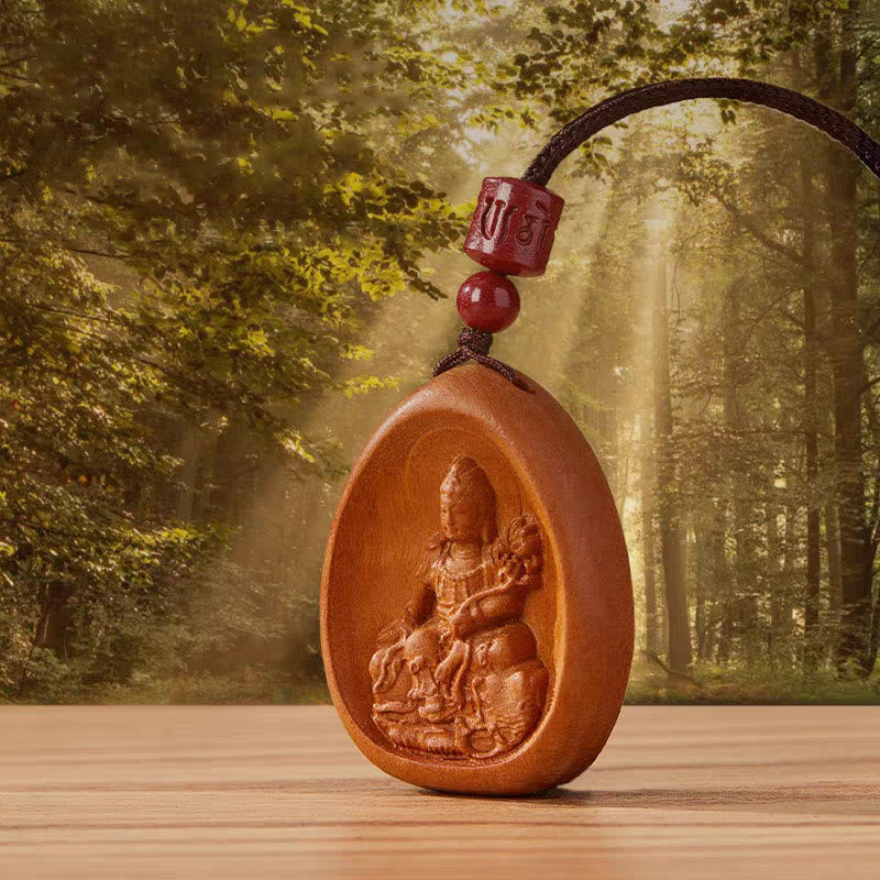 Pfirsichholz Kette mit Buddha Anhänger rote Perle Walduntergrund