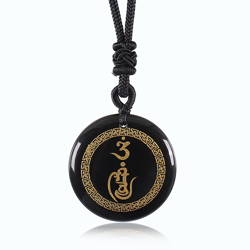 Schwarze Obsidian Kette Anhänger Schutz mit spirituellen Symbolen