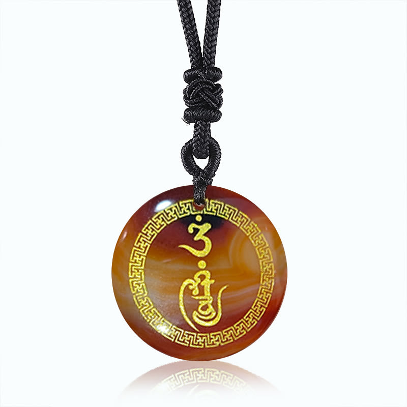Schwarze Kette mit Obsidian Anhänger OM Symbol Naturstein