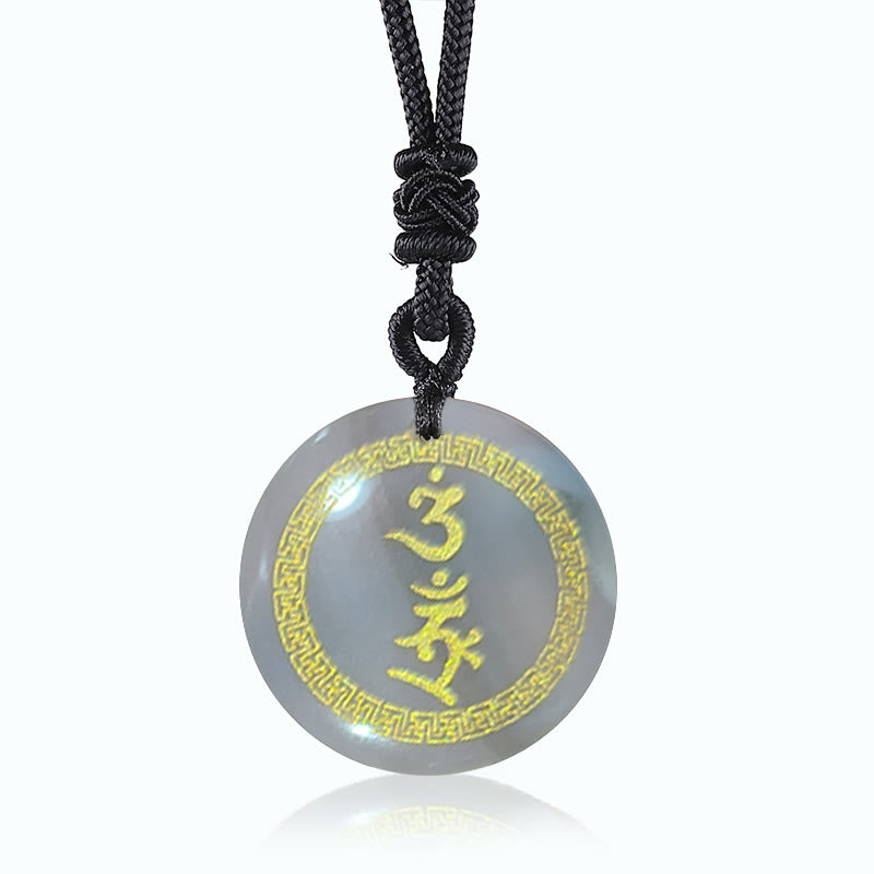 Grauer Stein Anhänger mit Gold Mantra an schwarzer Schnur