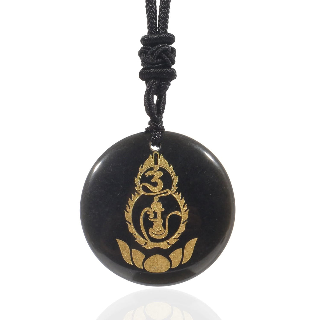 Schwarzer Obsidian Kette Lotus OM Anhänger goldene Verzierung