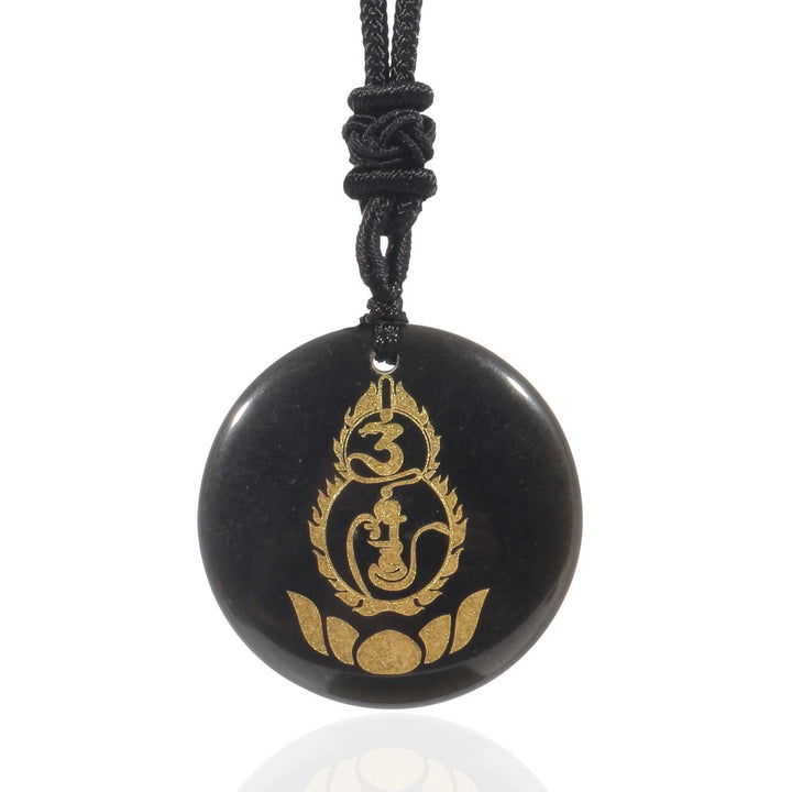 Schwarzer Obsidian Kette Lotus OM Anhänger goldene Verzierung