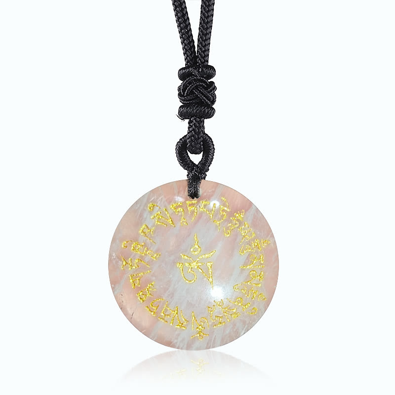 Rosenquarz Anhänger Kette mit Tibetischem Mantra Gravur