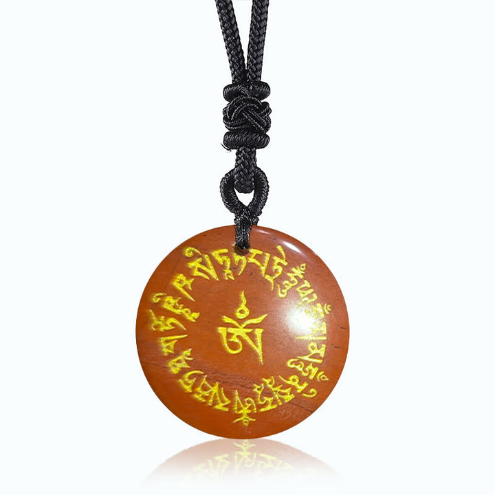 Obsidian Kette Anhänger Tibetischer Mantra goldene Gravur Naturstein