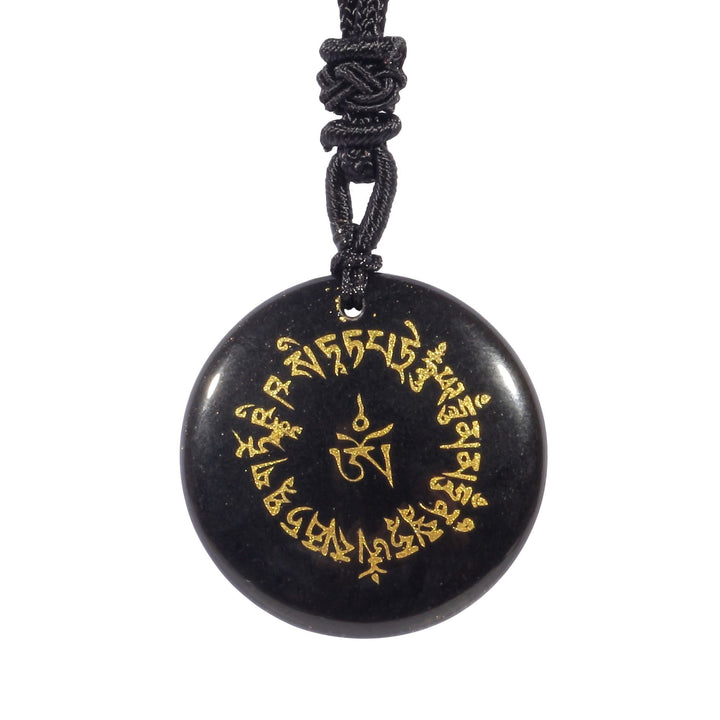Schwarzer Obsidian Kette Anhänger mit tibetischen Mantras vergoldet