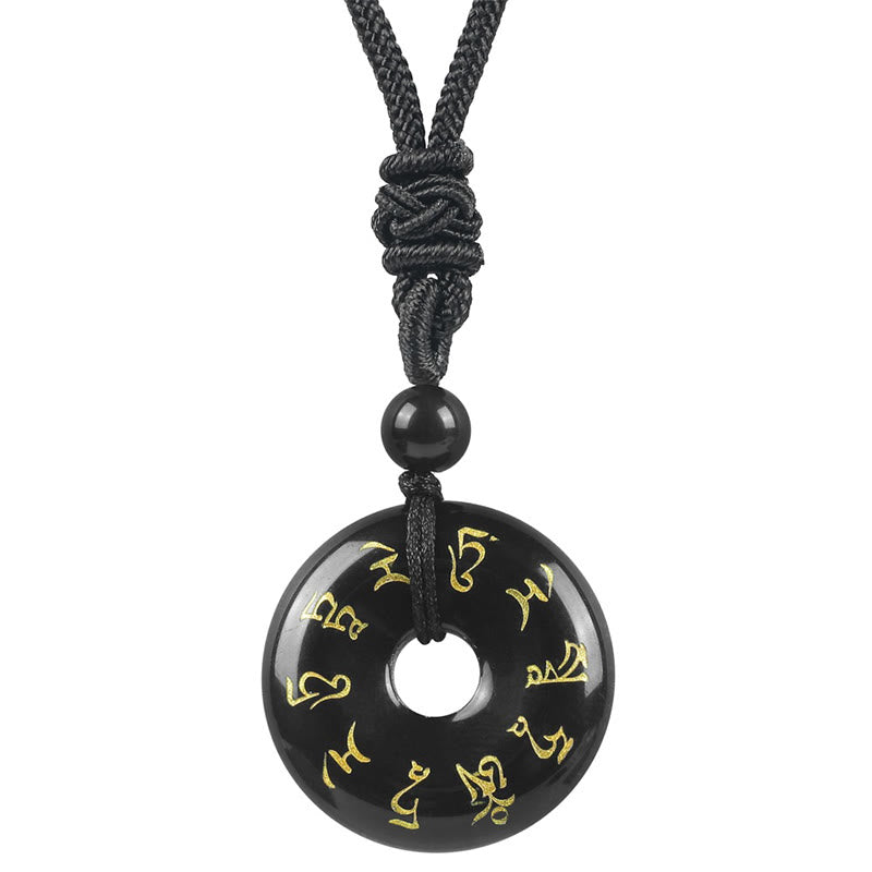 Tibetischer Obsidian Anhänger Kette schwarzer Naturstein Mantra Zeichen