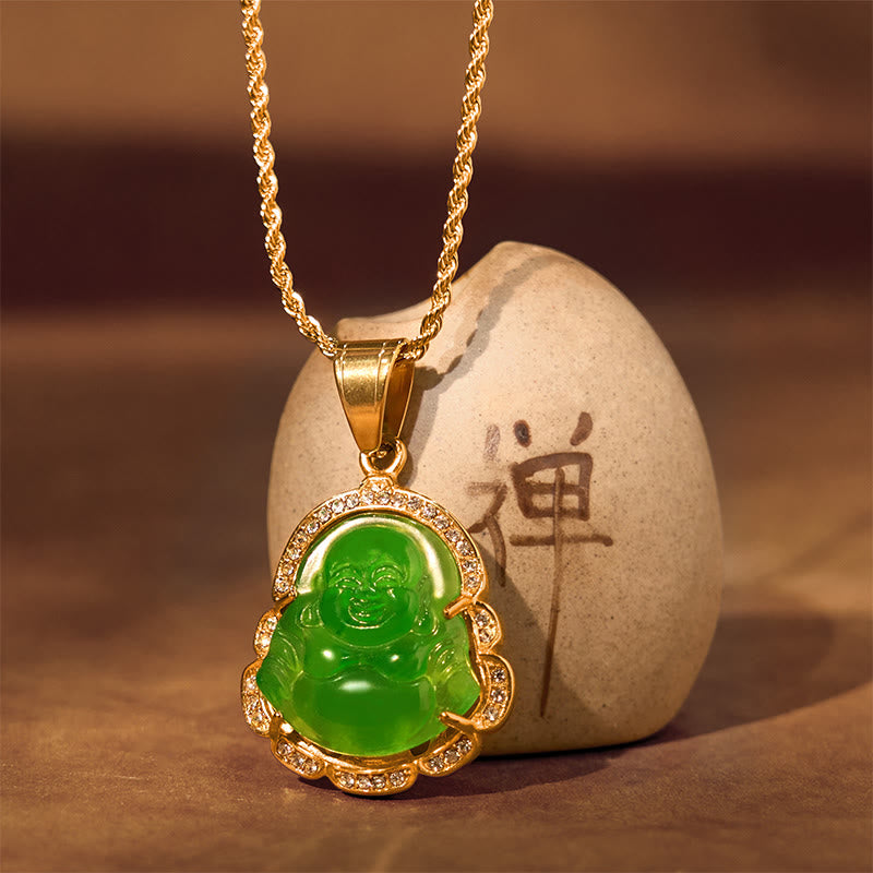 Goldene Kette Jade Buddha Lachen grüner Anhänger Naturstein elegant