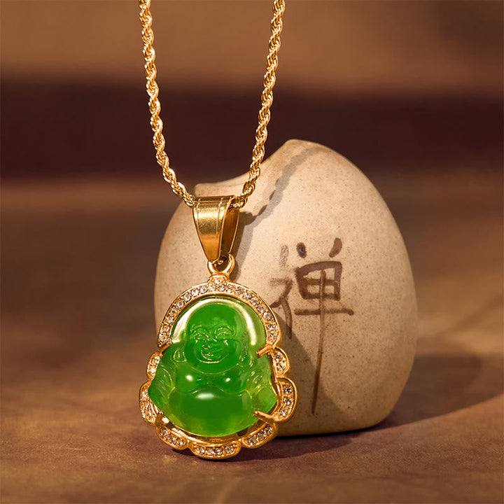 Goldene Kette Jade Buddha Lachen grüner Anhänger Naturstein elegant