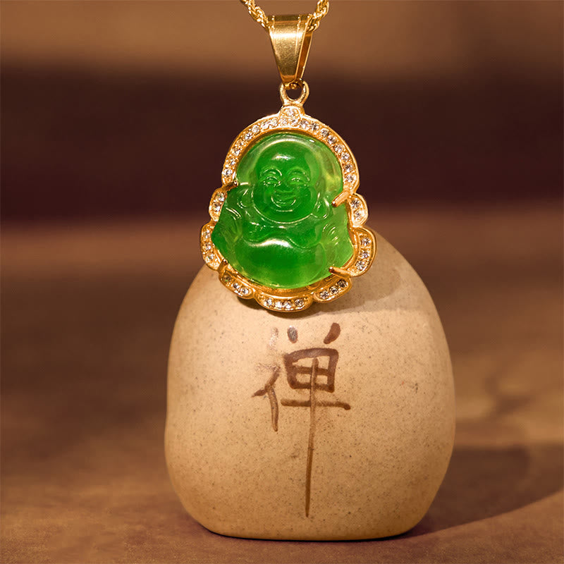 Kette Jade Buddha Lachen grüner Stein goldener Anhänger Halskette