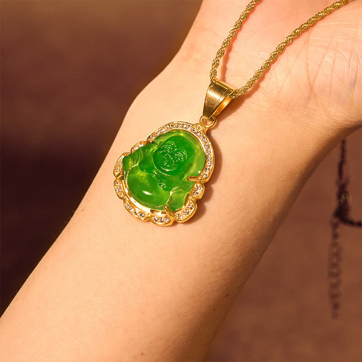Grüne Jade Buddha Lachen Kette Gold Anhänger Naturstein elegant
