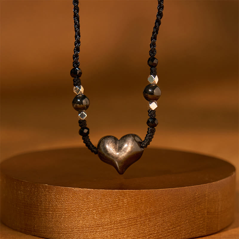 Anhänger Herz Obsidian Kette Natur Holz