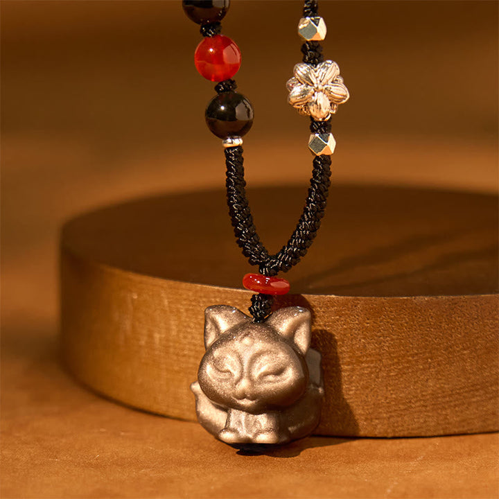 Kette Glückskatze Obsidian Schutz Glück Natur