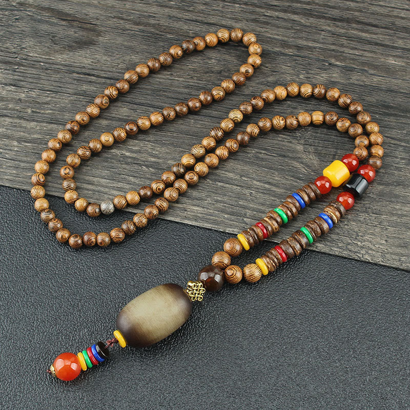 Anhänger Kette Tibetischer Bodhi Achat Harmonie Holzperlen