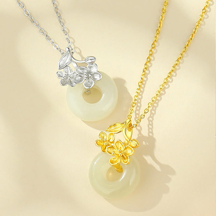 Hetian Jade Kette Blütenanhänger Silber Gold Naturstein Schmuck