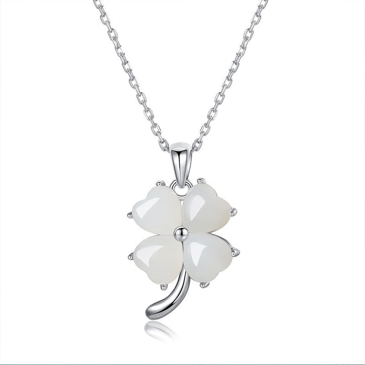 Jade Kette Kleeblatt Anhänger silber Naturstein Glücksbringer