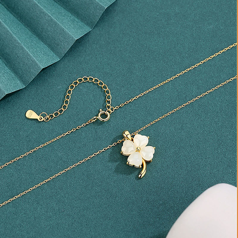 Weiße Kleeblatt Anhänger Kette Gold Glücksbringer Naturstein Schmuck