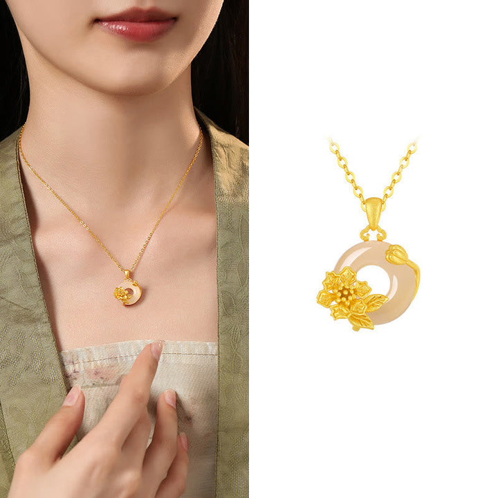 Goldene Kette Blumen-Anhänger Natur Stein elegant am Hals