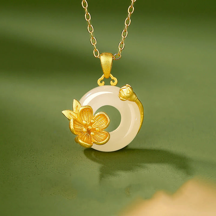 Jade Kette mit Blume Anhänger Sterlingsilber elegantes Design