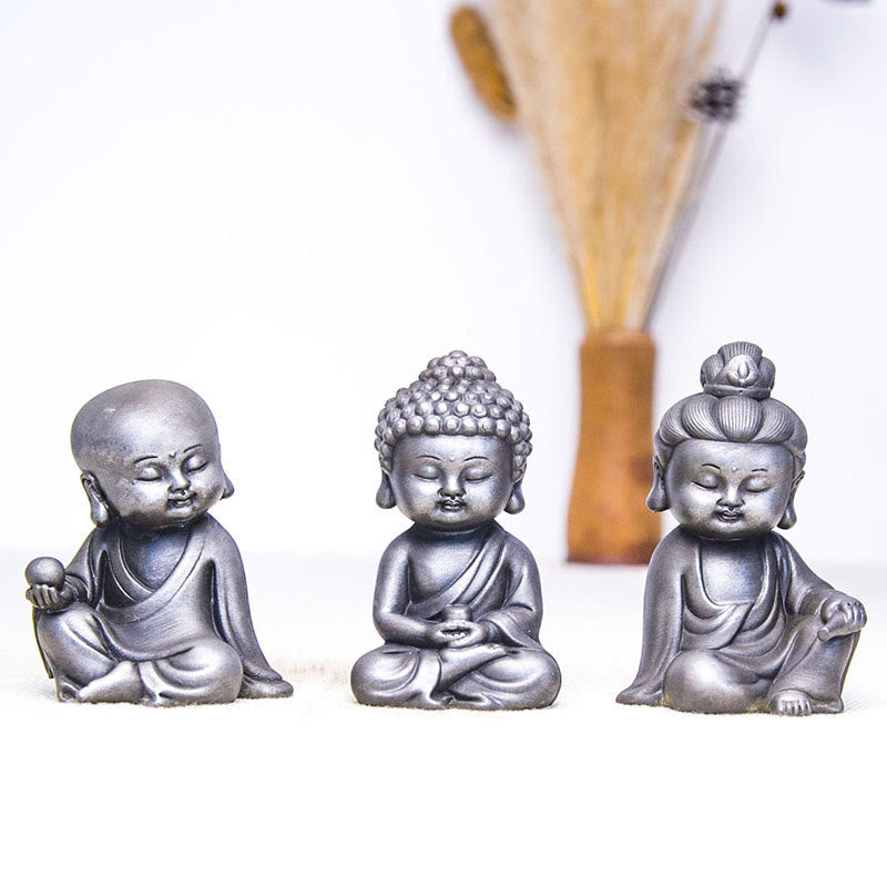 Avalokiteshvara Ksitigarbha Eisen Rost Harz Poliert / 3er Buddha-Set