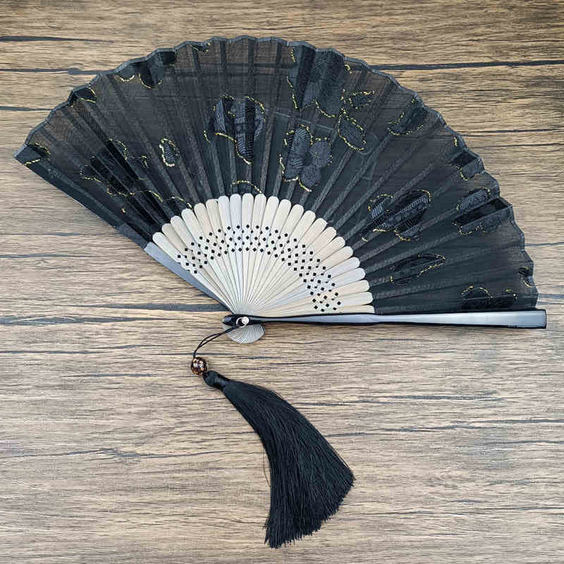 Designer Handfächer Blätter Blüten Seide Schwarz Große Blumen (mit Geschenkbox)