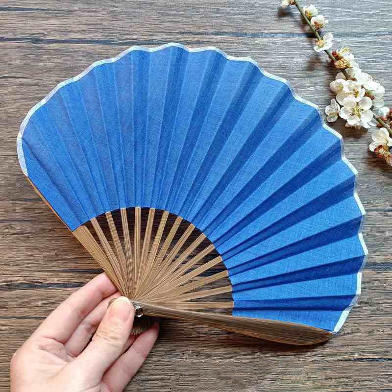 Handfächer Faltbar Bambus Muschelform Retro Blau