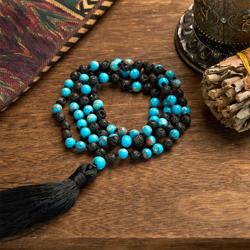 Kette Lavagestein Buddha Türkis Schwarz Quaste