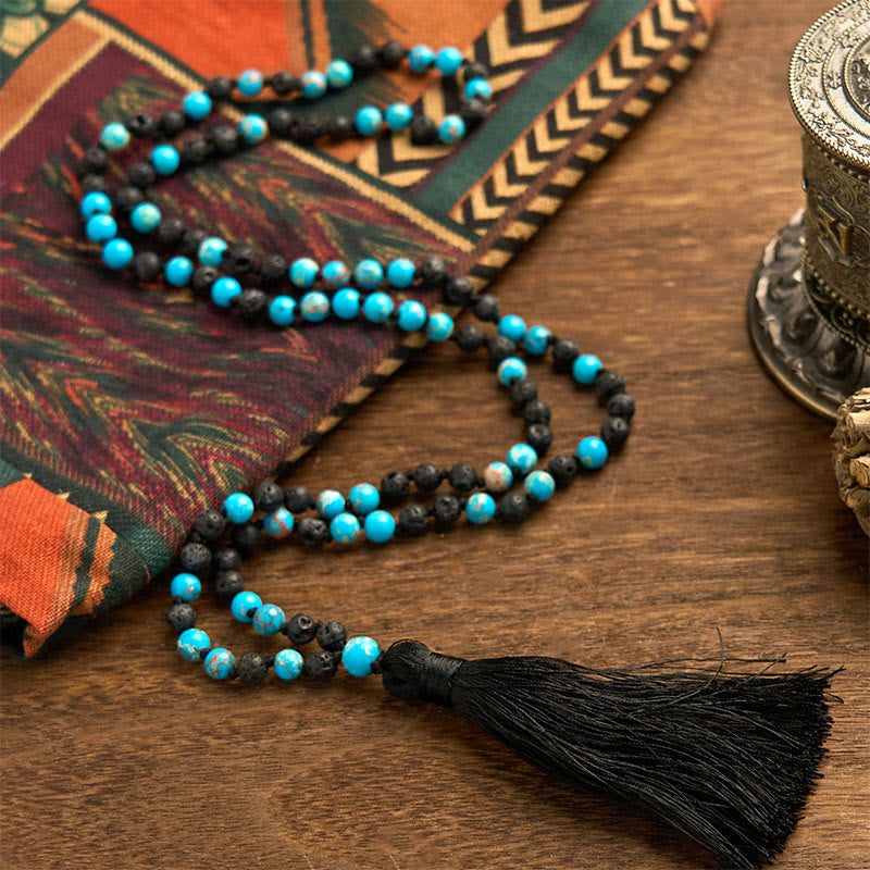 Kette Lavagestein Buddha Türkis Schwarz Quaste